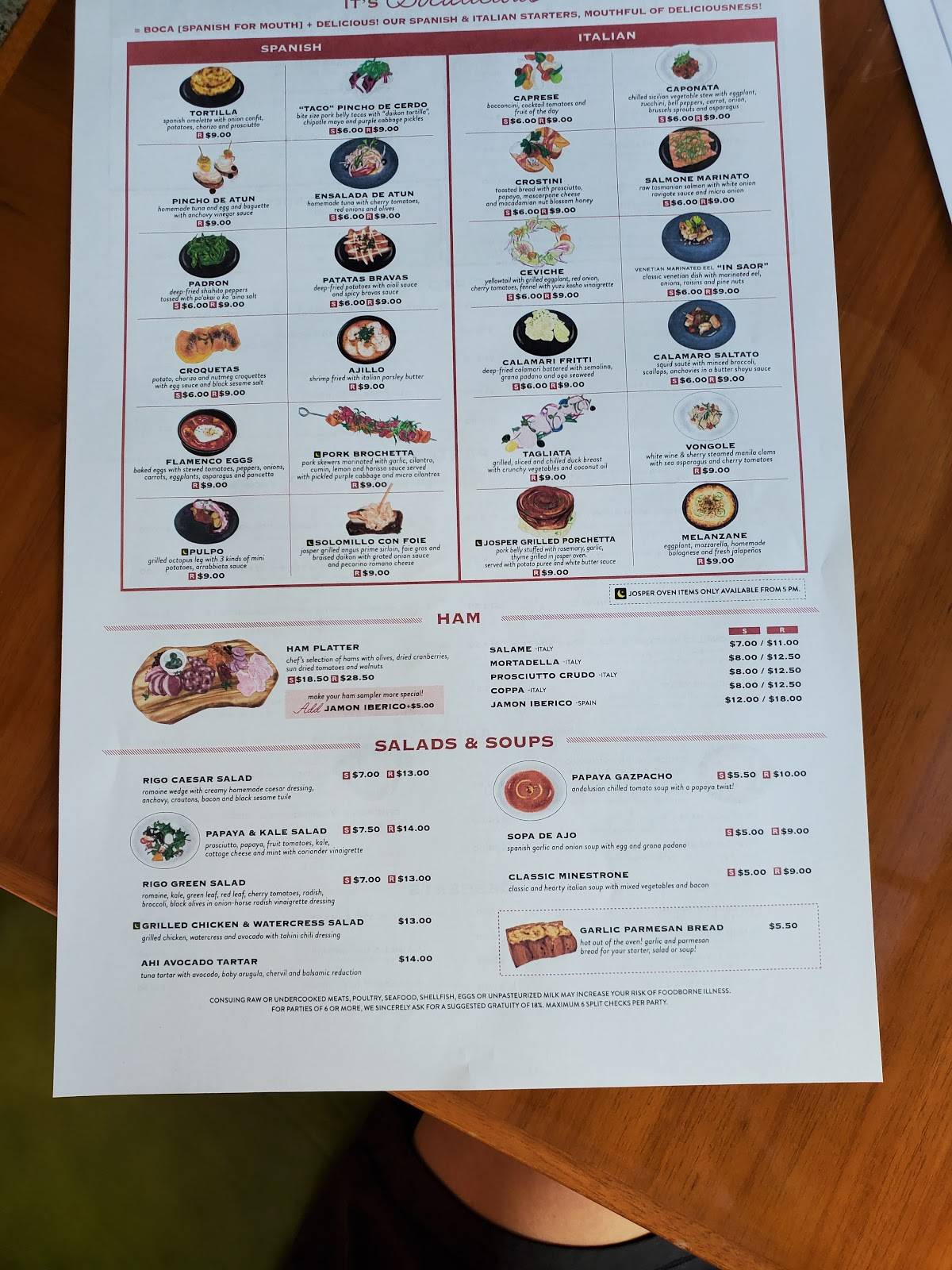 Menu at Rigo Spanish Italian restaurant, Honolulu