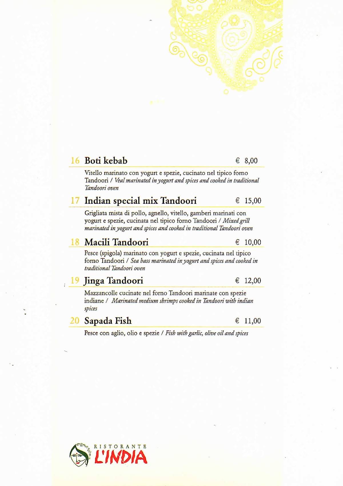 Menu di Ristorante L'india 