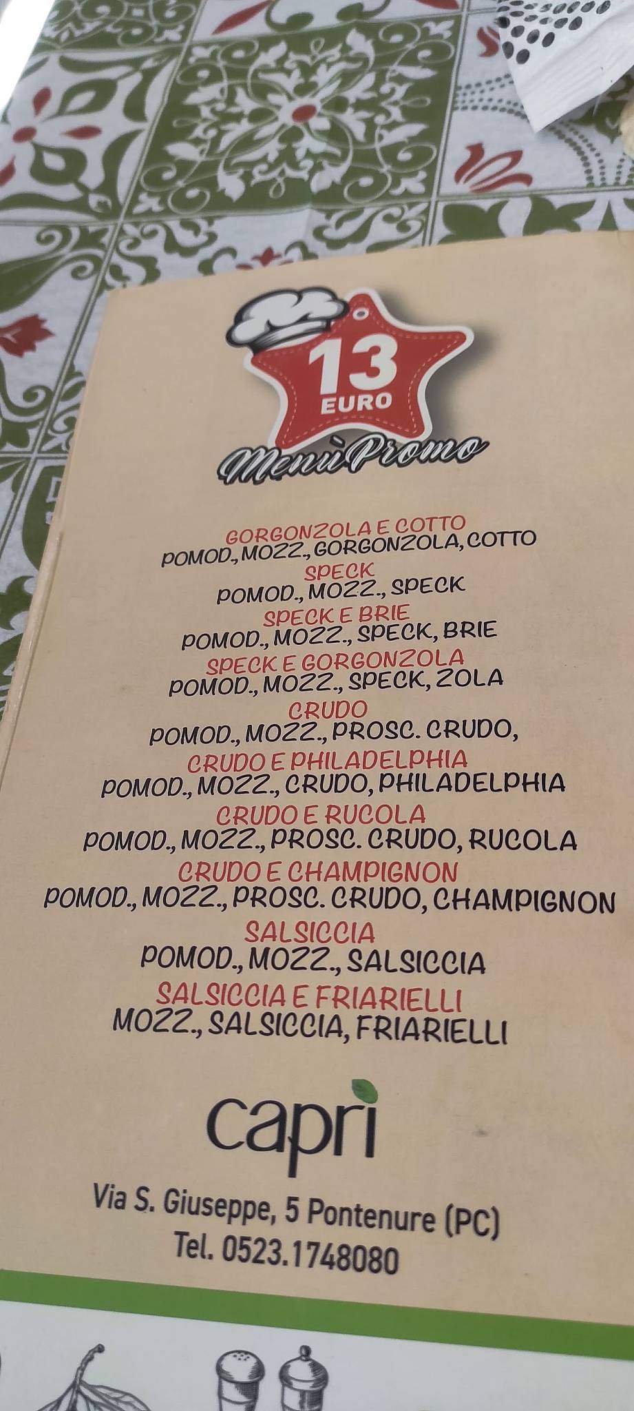 Menu di Ristorante Pizzeria Capri’ 