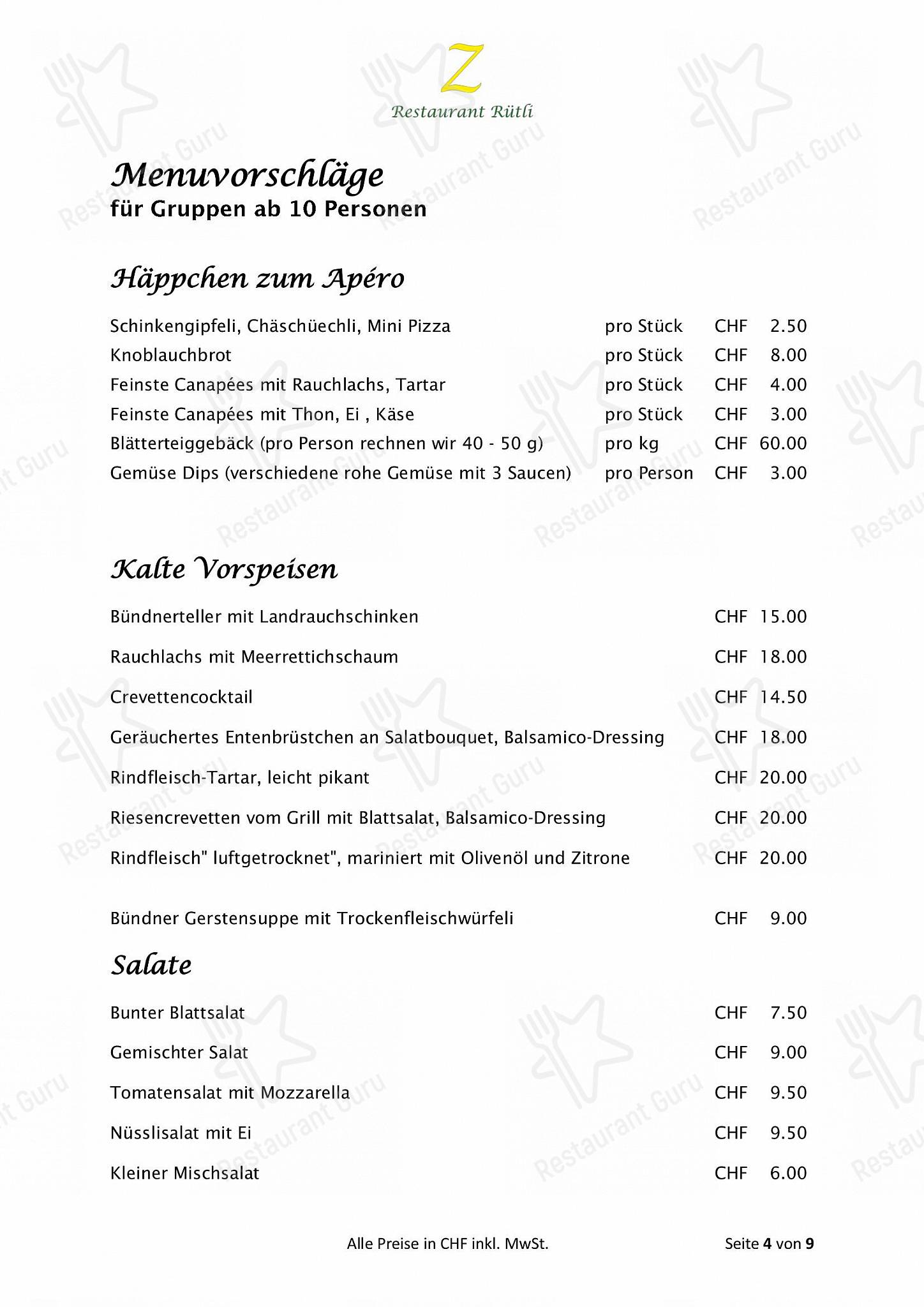 Zeno's Restaurant Rütli in Zugo - Lunch Menu