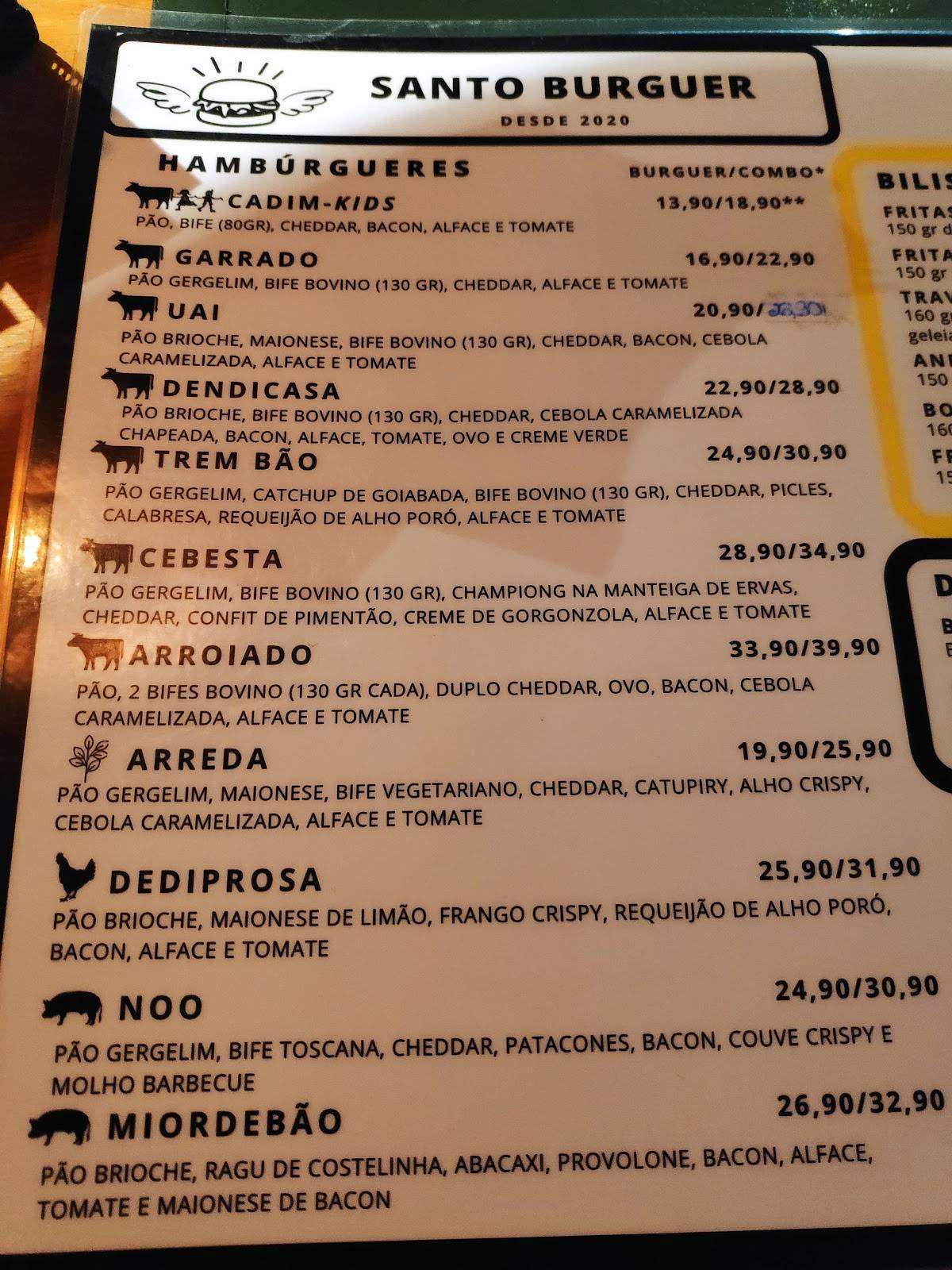 Santo Burguer cardápio