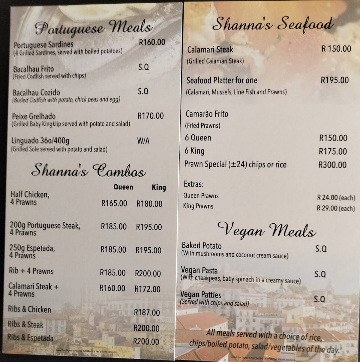 Menu at Shanna's Portuguese Restaurant, Port Elizabeth