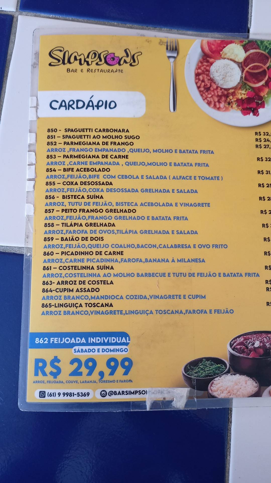 Simpsons Bar e Restaurante cardápio