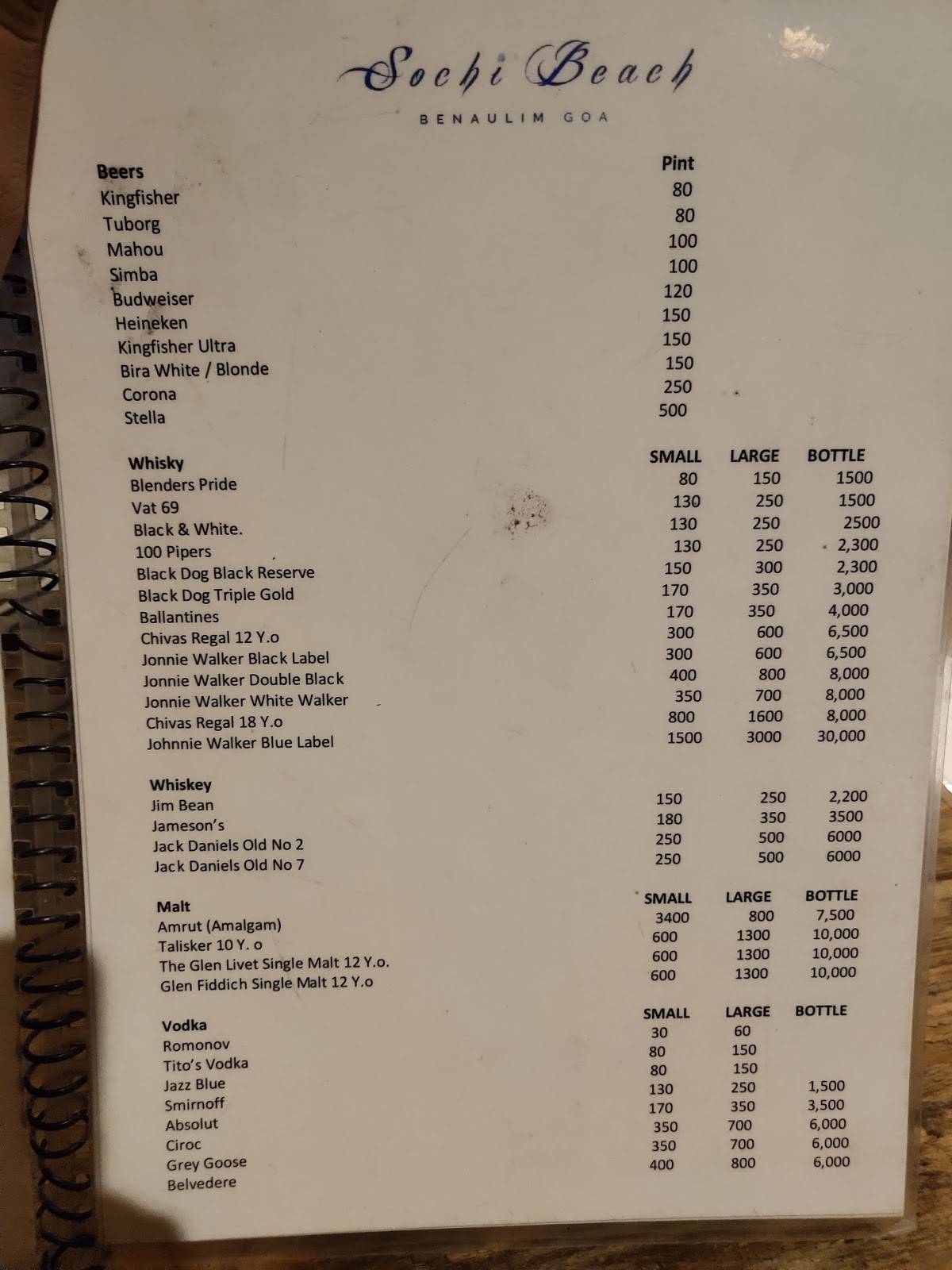 Sochi Beach menu