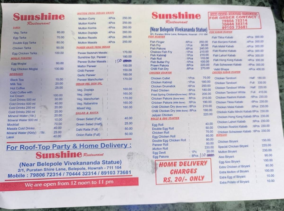 Sunshine Restaurant & Cafe menu