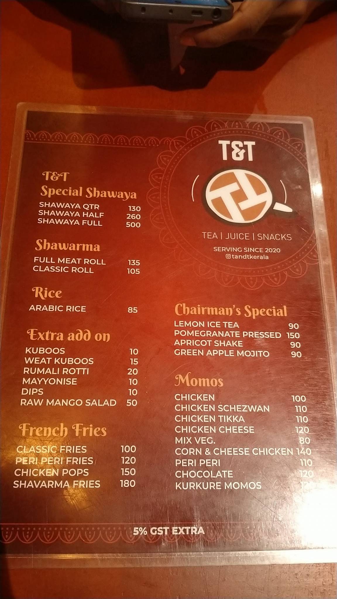 T & T menu