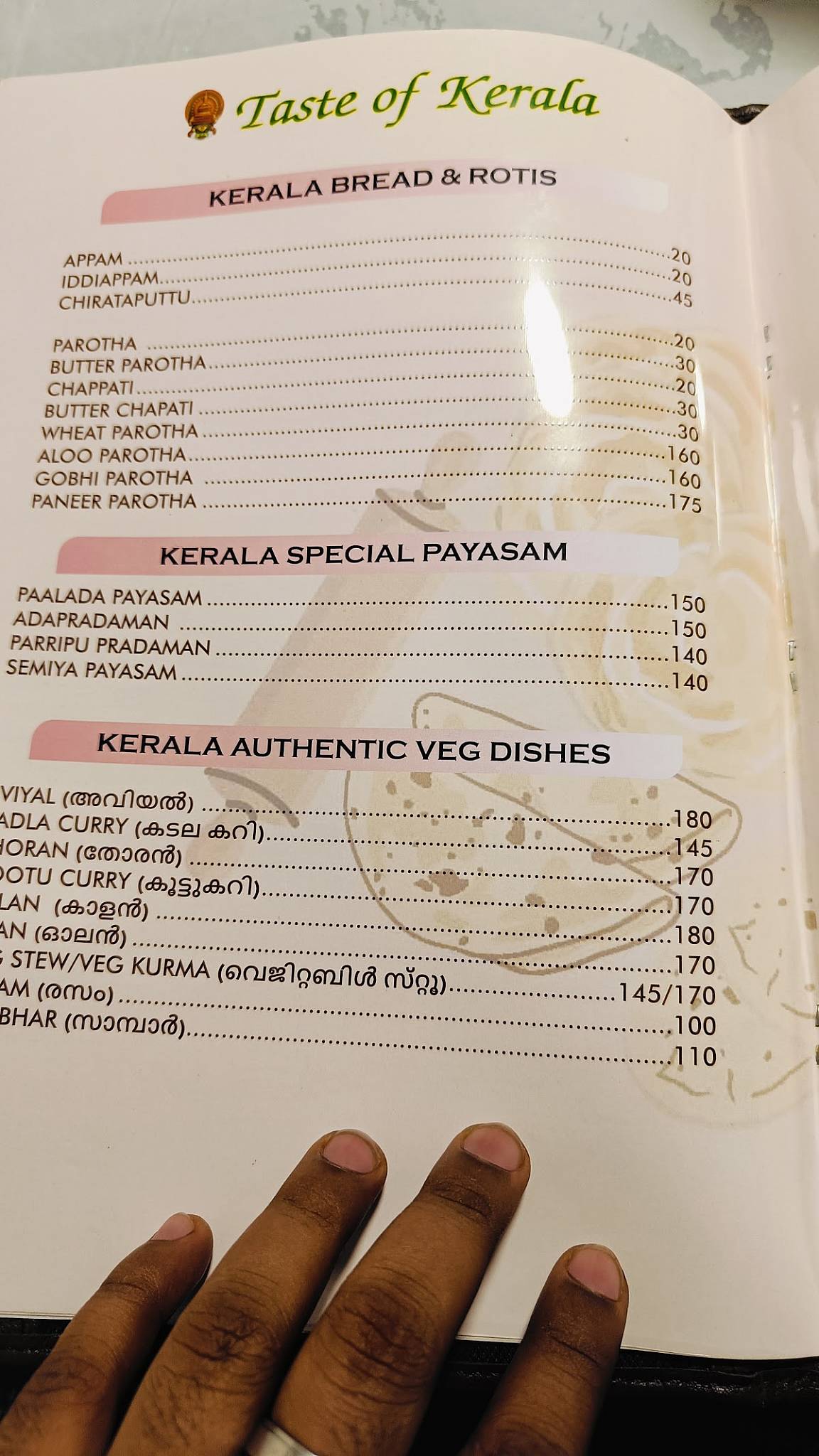 Taste of kerala@ menu