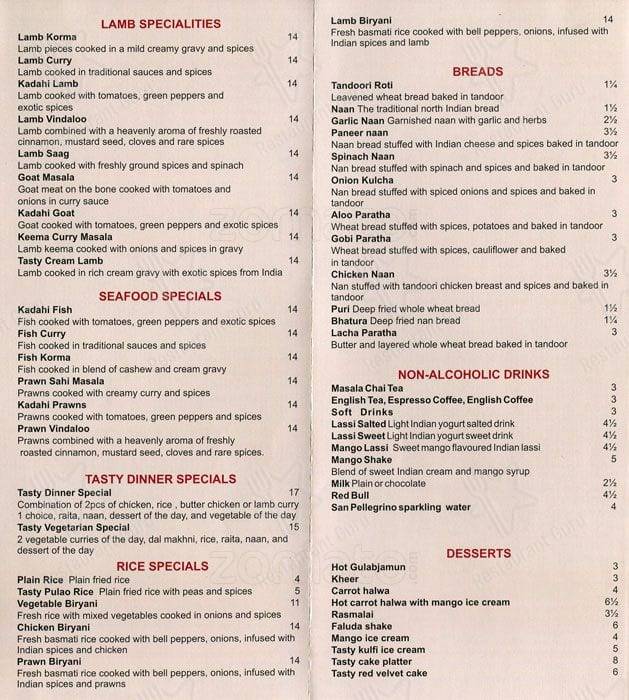 Menu de Tasty Indian Bistro