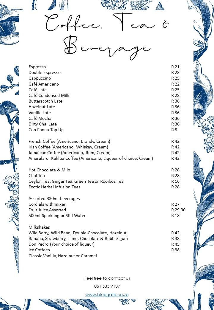 Menu at The Blue Gate restaurant, Nelspruit