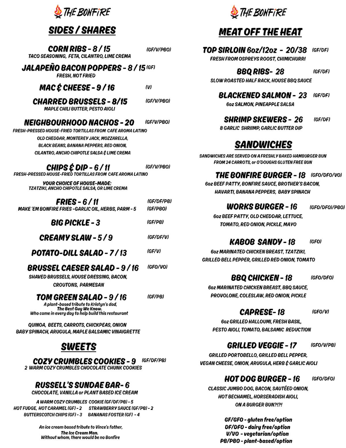 Menu at The Bonfire restaurant, Halifax