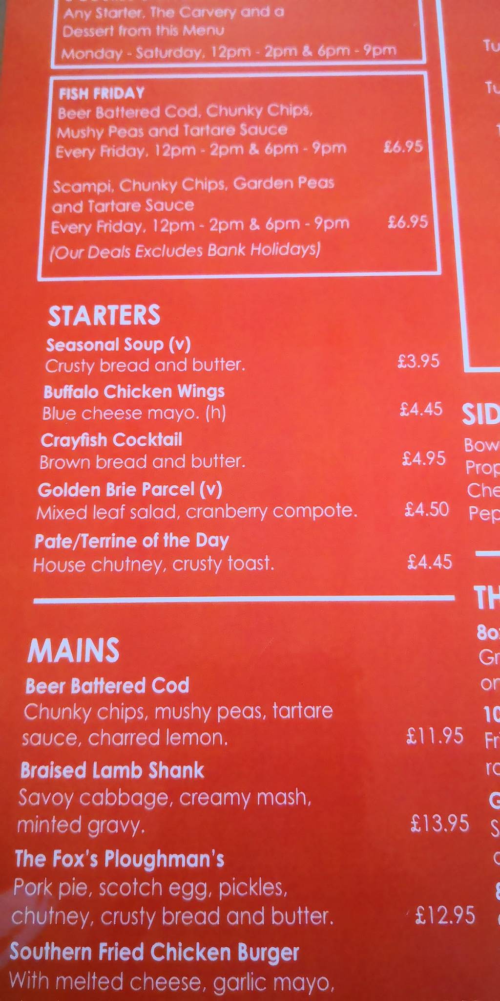 Menu at The Fox Inn restaurant, Chaddesley Corbett