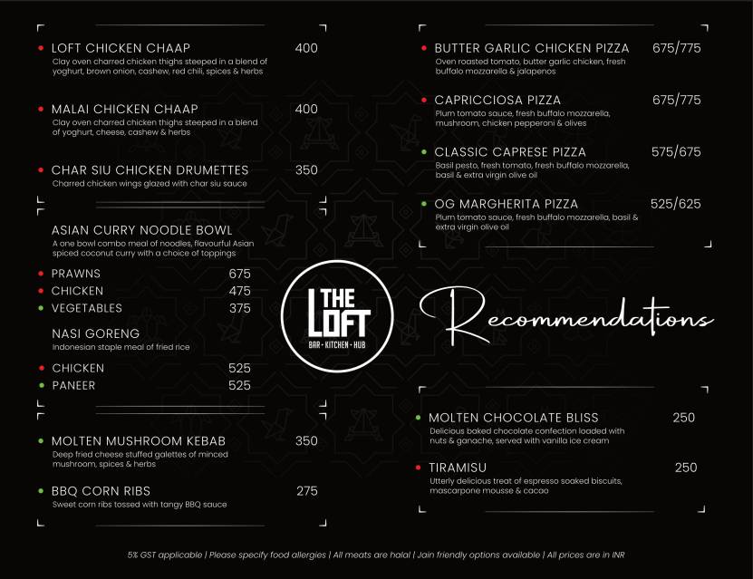 The Loft menu
