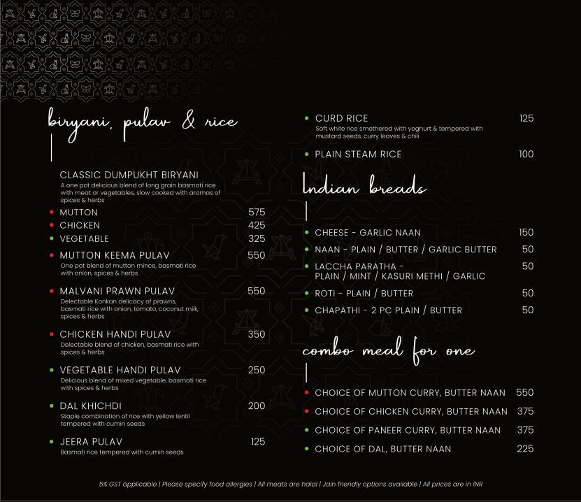 The Loft menu