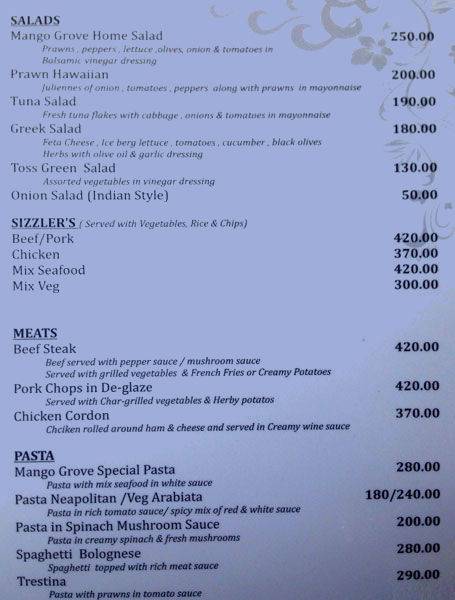 The Mango Grove Bar & Restaurant menu