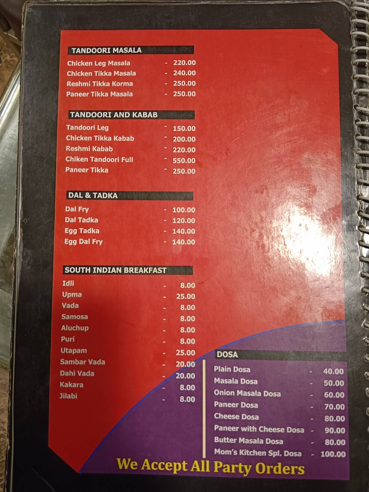 The Mom's kitchen and Cafe, Koelnagar menu