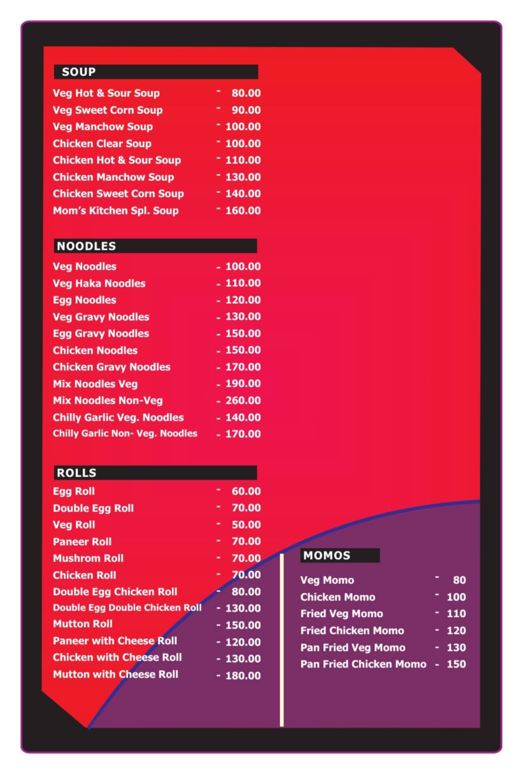 The Mom's kitchen and Cafe, Koelnagar menu