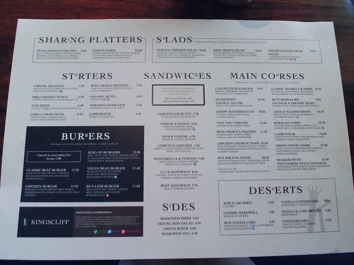 Menu at Kingscliff Food and Drink restaurant, ClactononSea