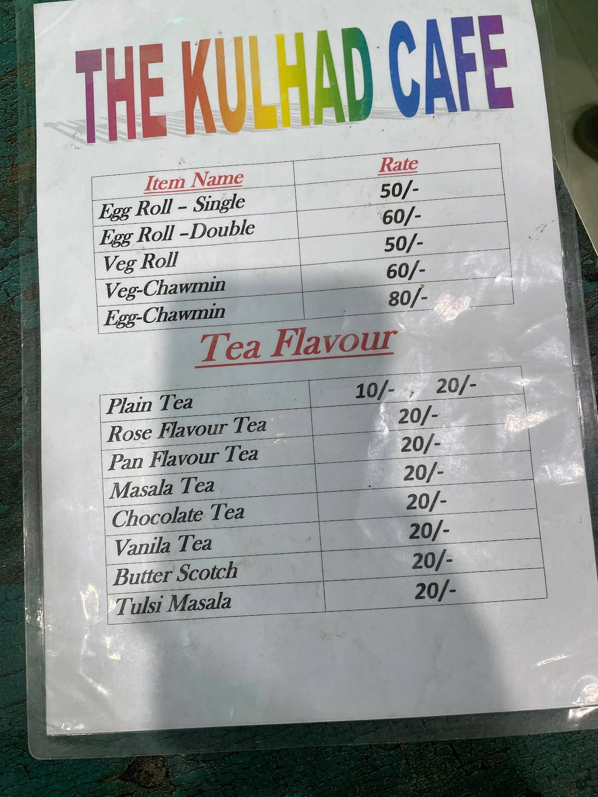 The kulhad cafe menu