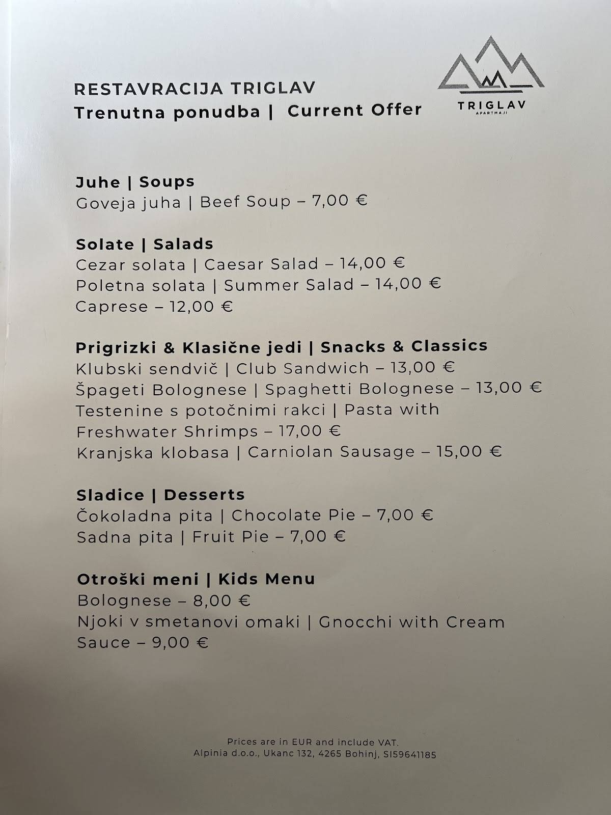 Menu di Restaurant Triglav Bohinj 