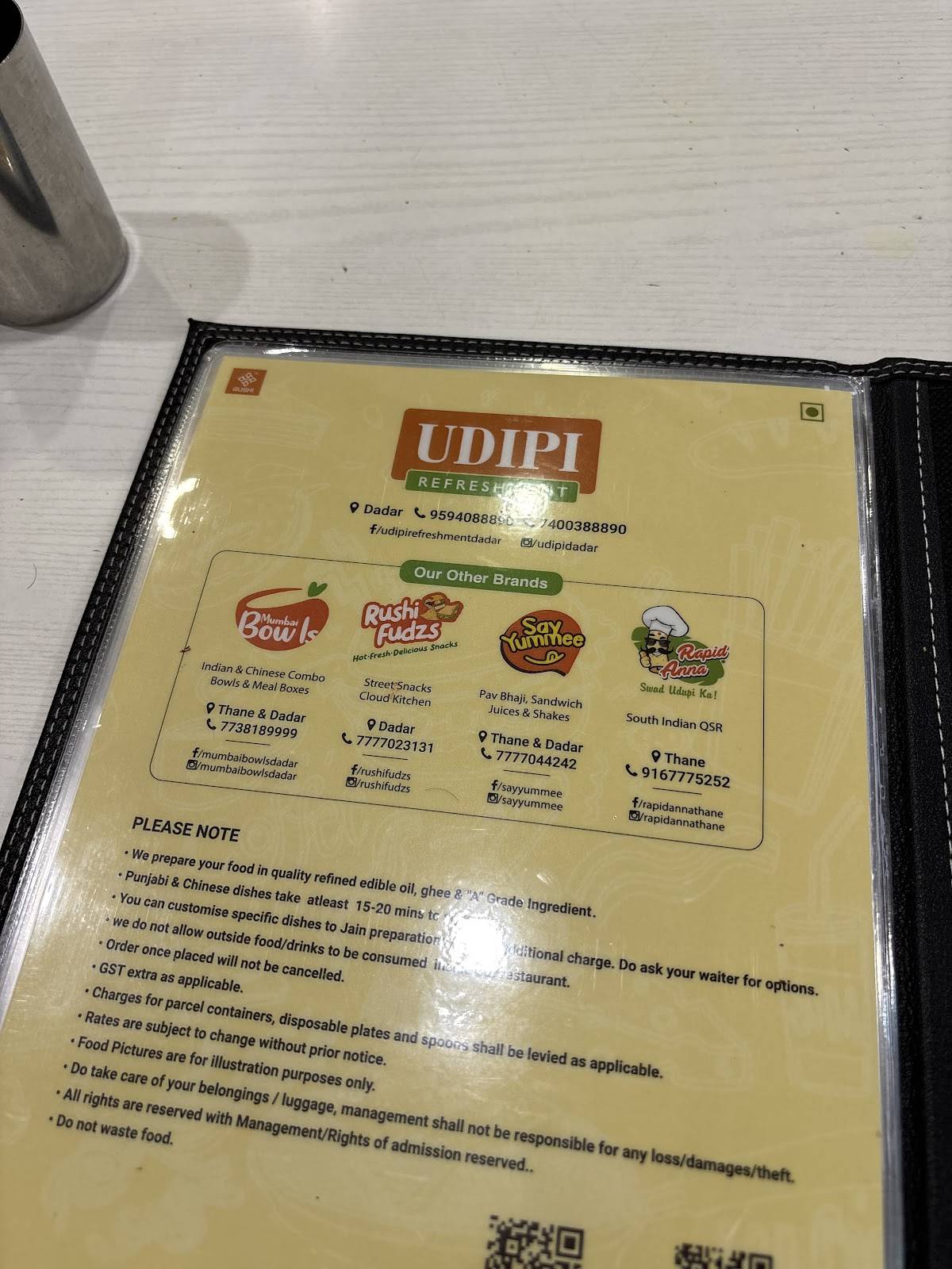 UDIPI REFRESHMENT menu