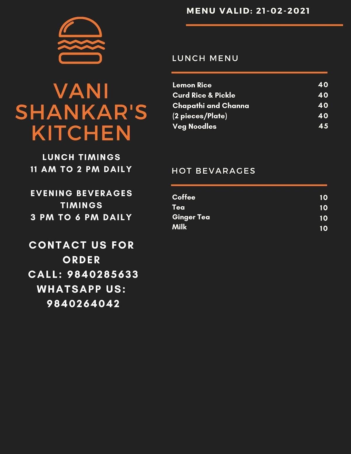 Vani Shankar's Kitchen menu