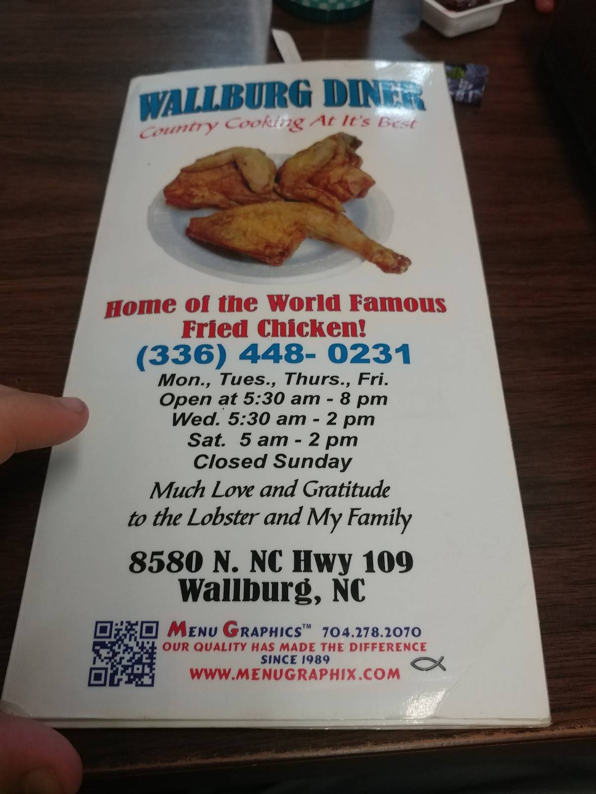 Menu at Wallburg Diner restaurant, Wallburg, NC109
