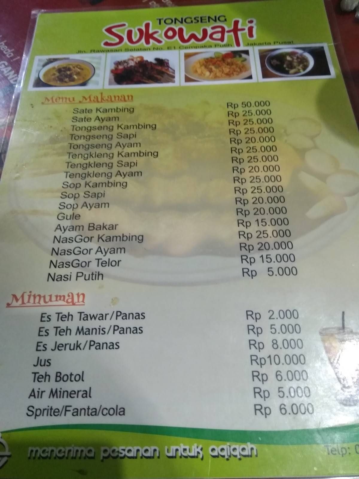 Menu at Warung Sate Solo Sukowati restaurant, Central Jakarta