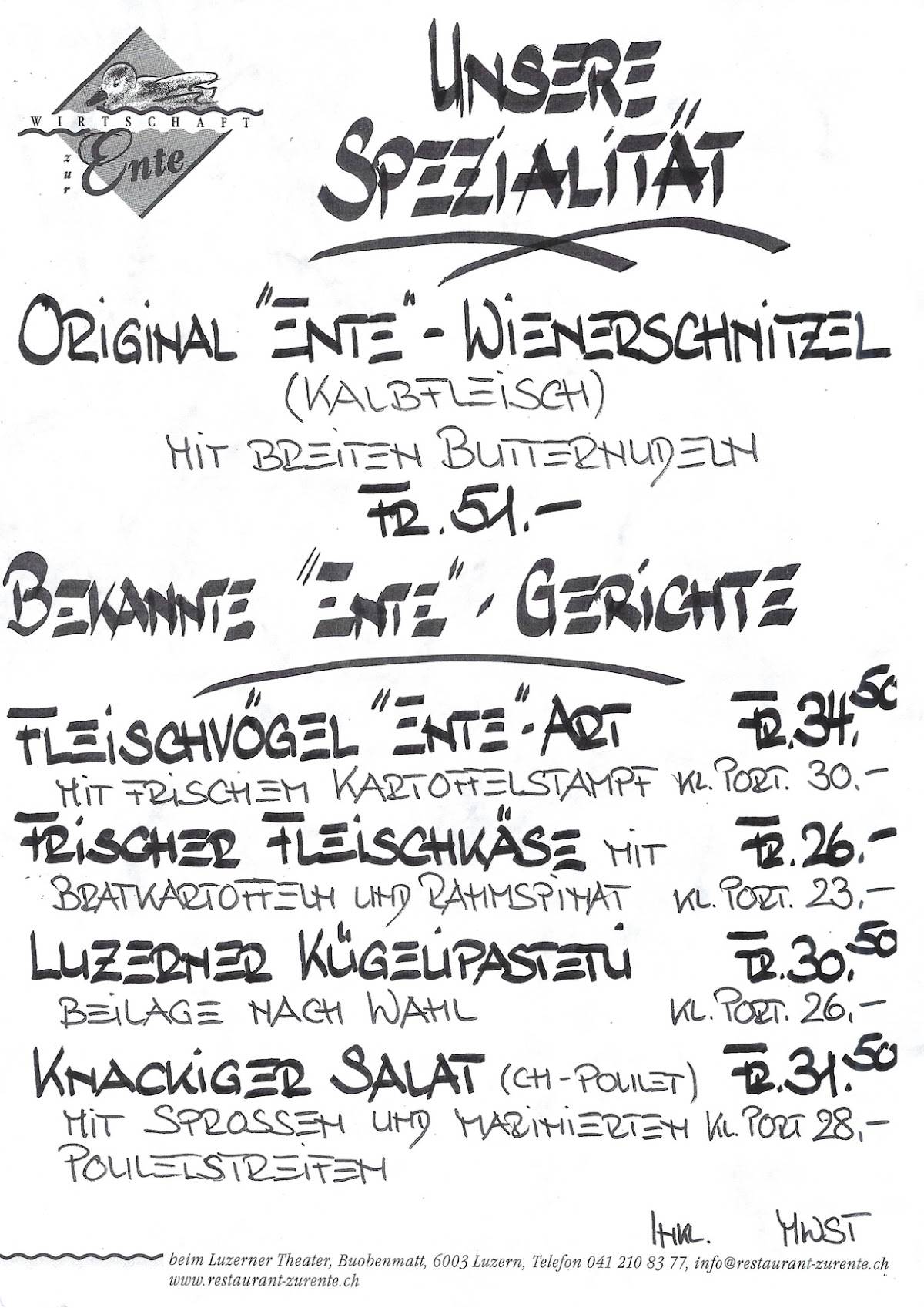 Menu di Wirtschaft zur Ente 