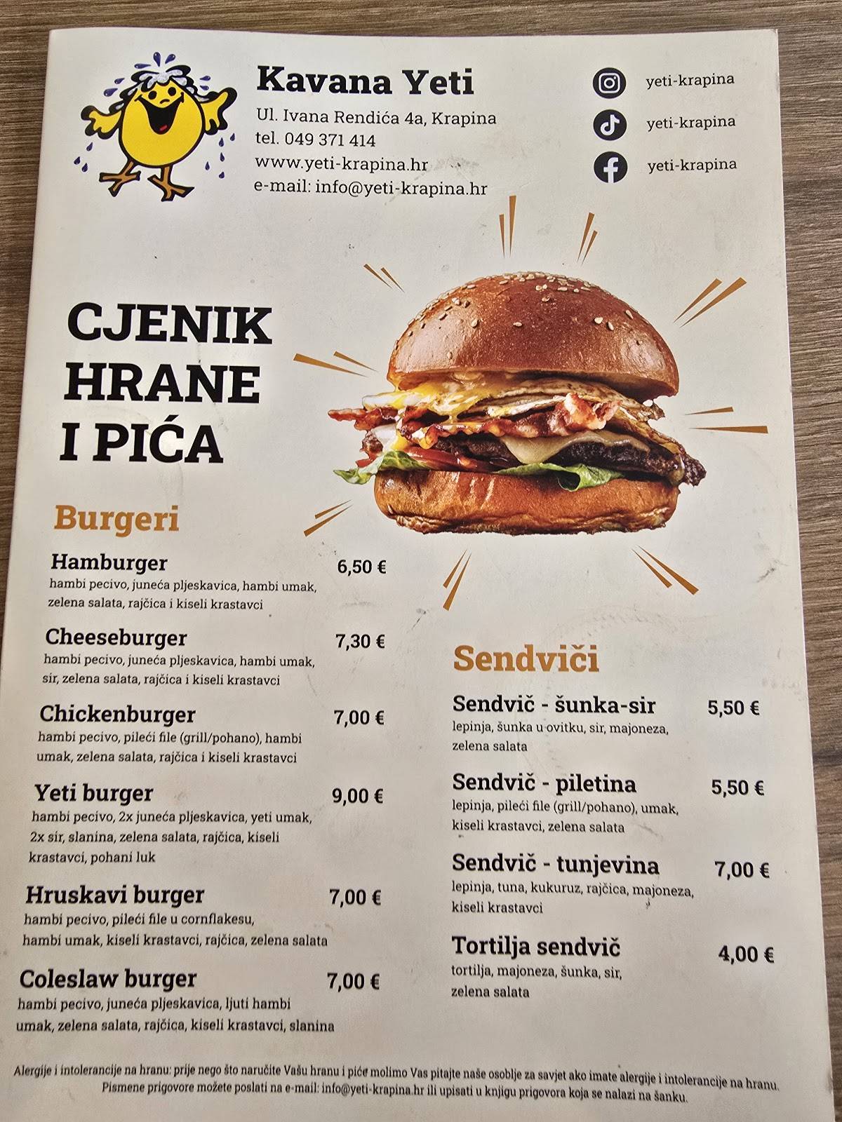 Menu di Yeti 