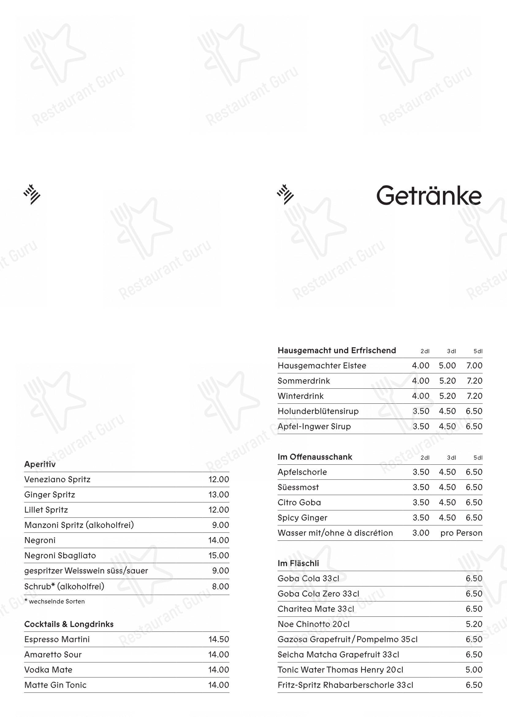 Menu di Restaurant Zebra - Menu bar