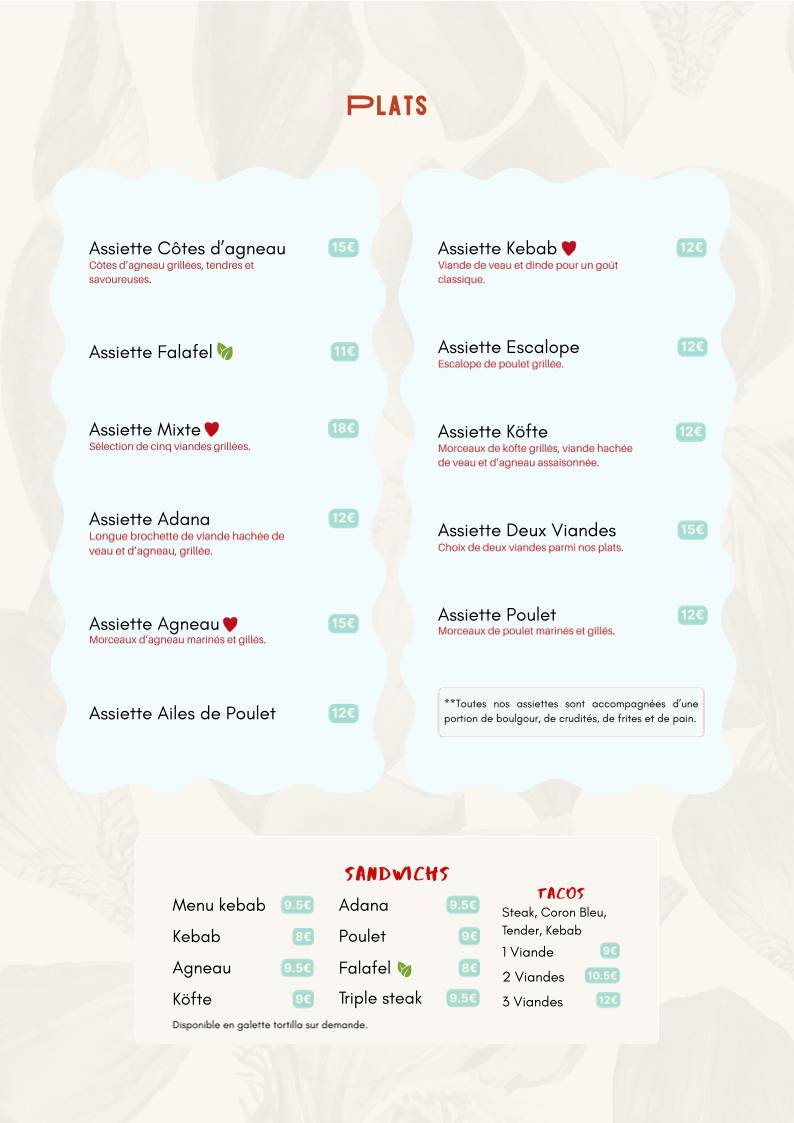 Menu de Zelal Kebab Rennes