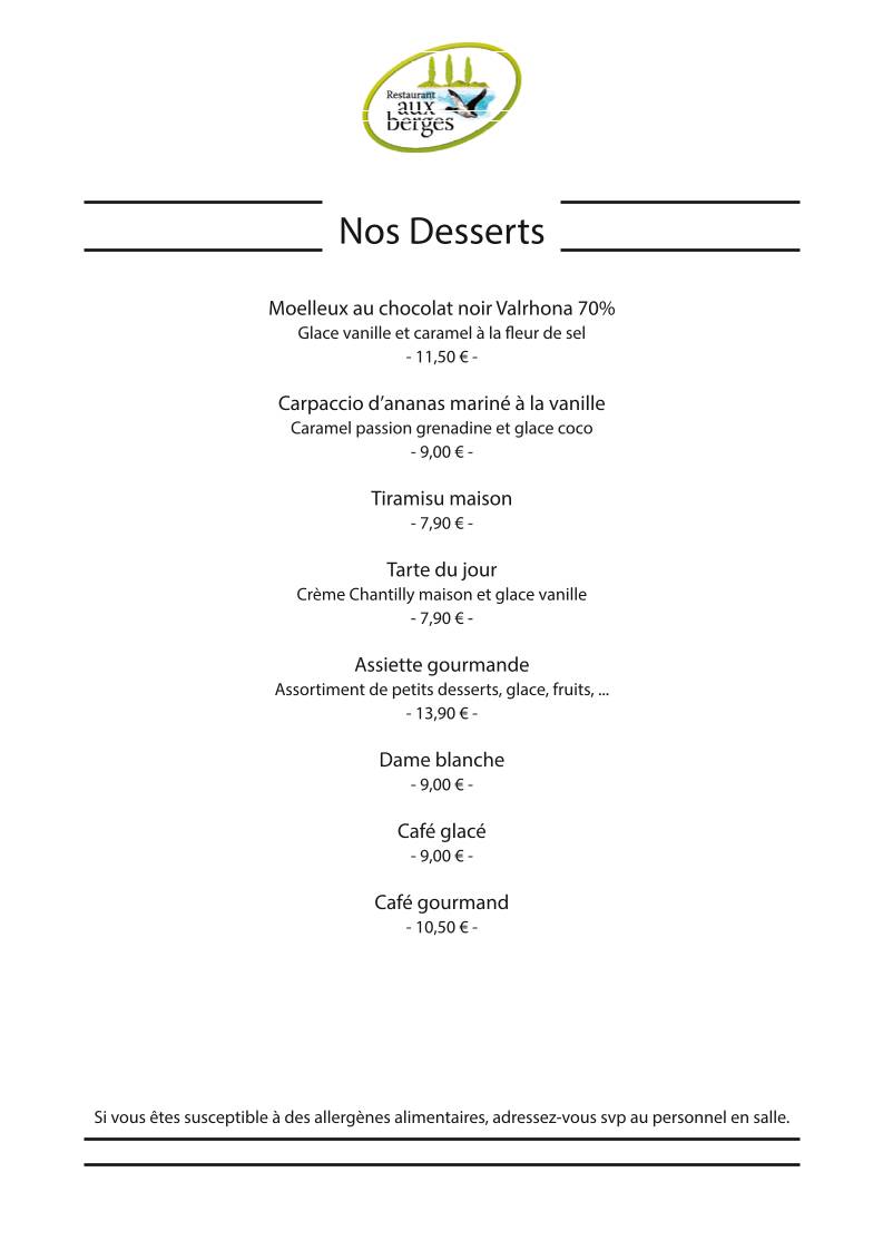 Menu de Restaurant aux Berges (PIDAL)