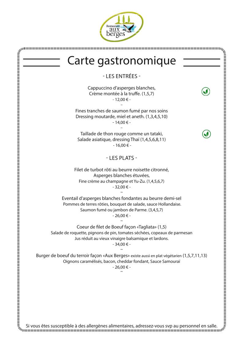 Menu de Restaurant aux Berges (PIDAL)