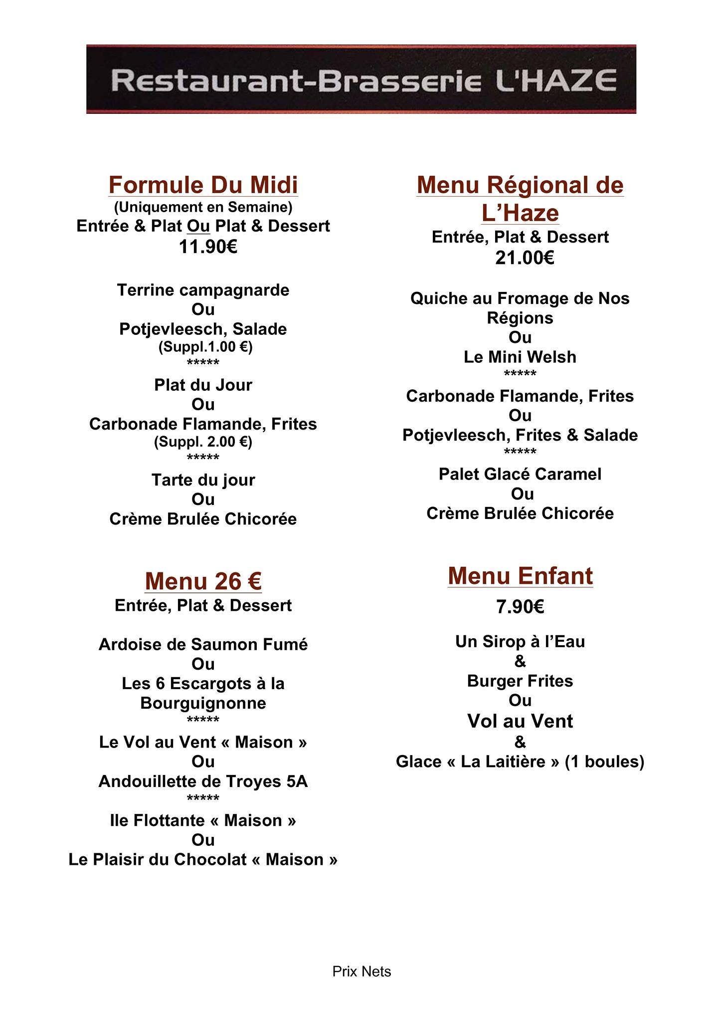 Menu de Brasserie-Restaurant L'HAZE