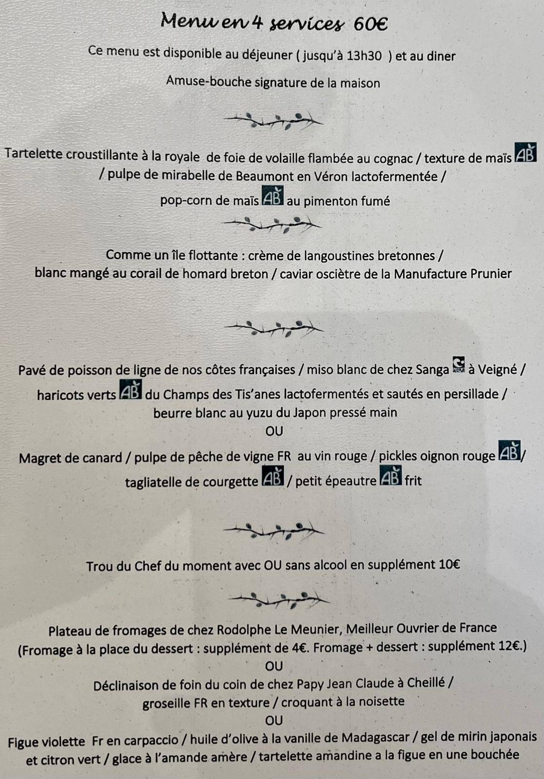 Menu de L'Épine Restaurant Azay le Rideau
