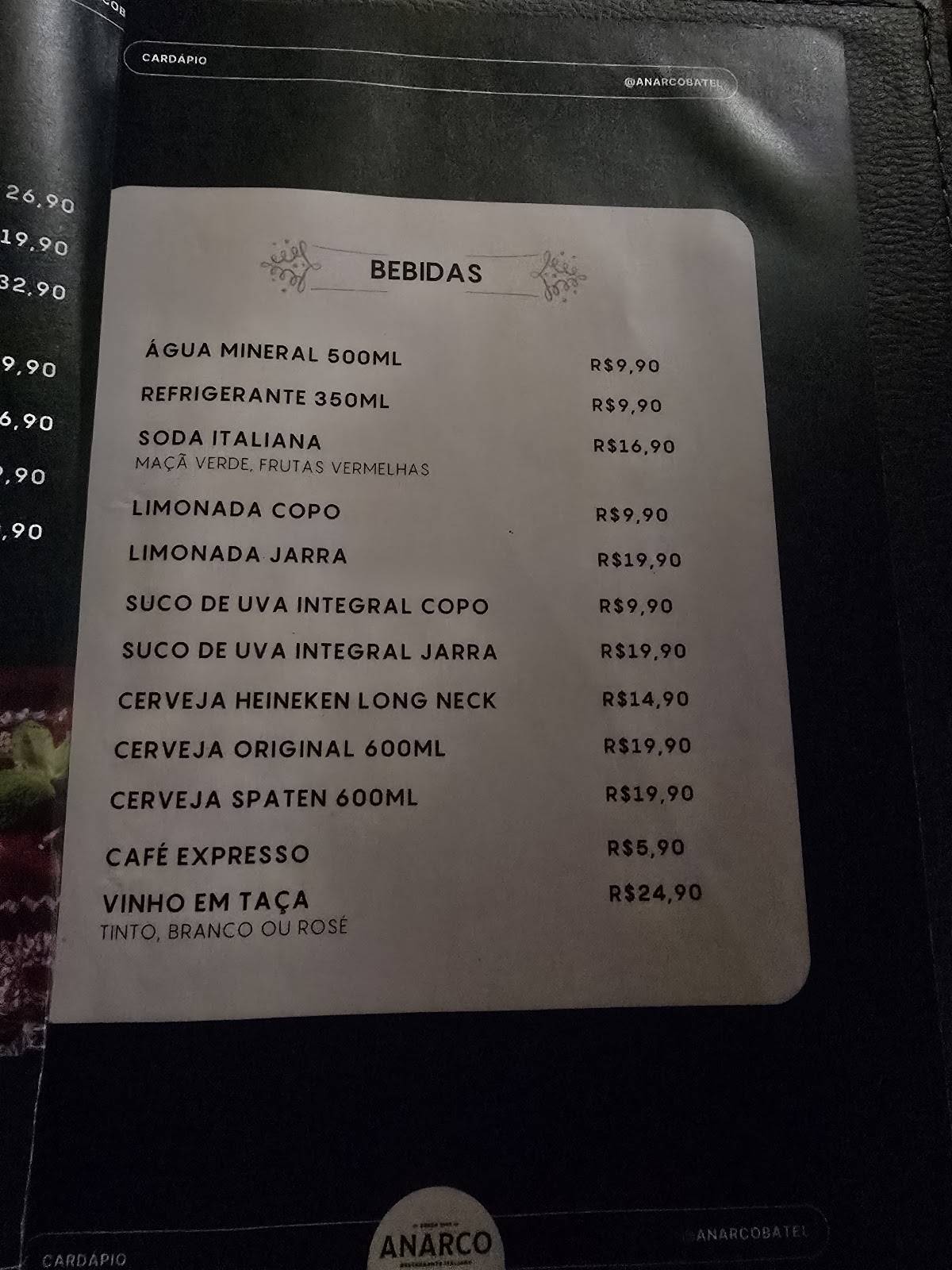 Anarco Batel - Restaurante Italiano em Curitiba cardápio
