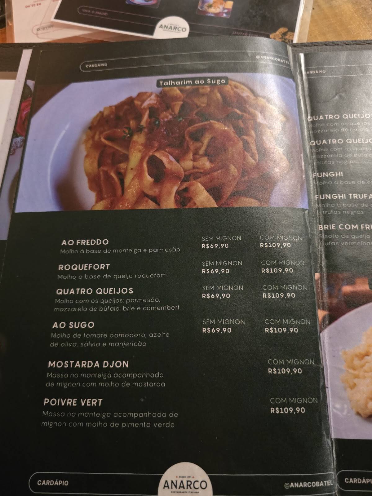 Anarco Batel - Restaurante Italiano em Curitiba cardápio