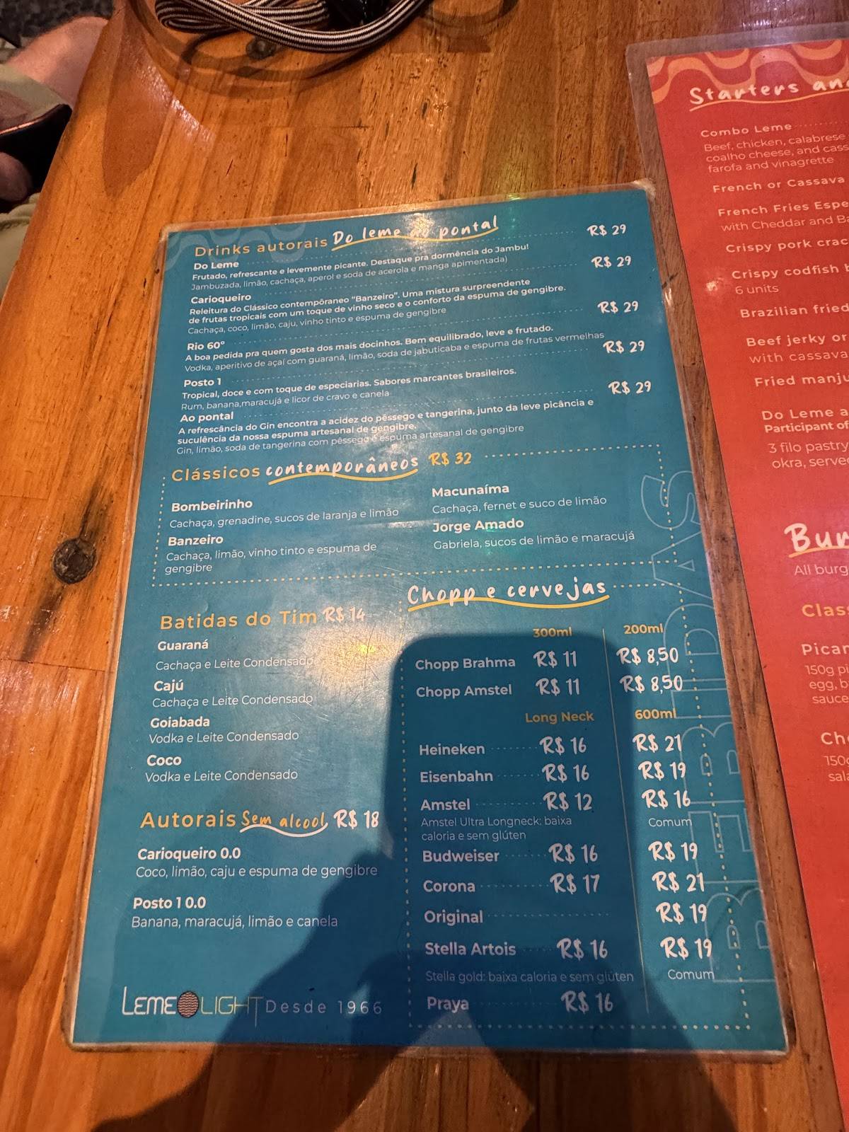 Restaurante Leme Light cardápio
