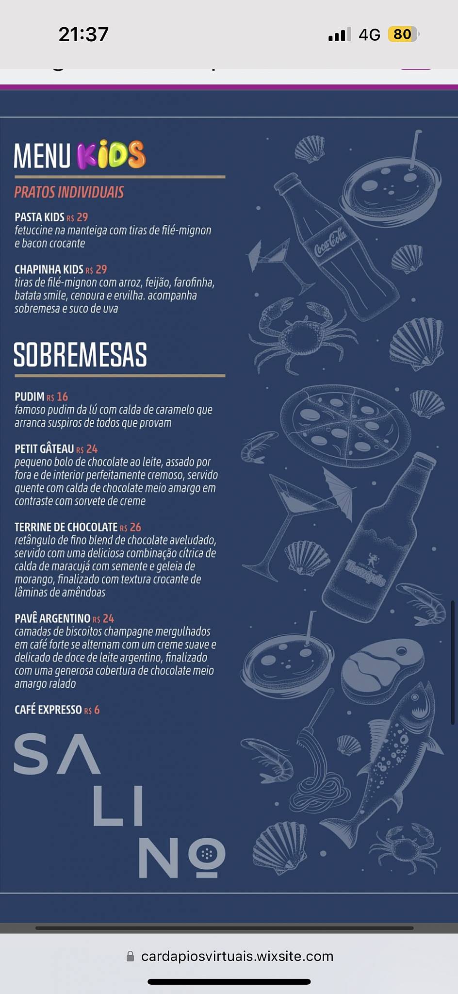 Restaurante Salino Guarapari cardápio