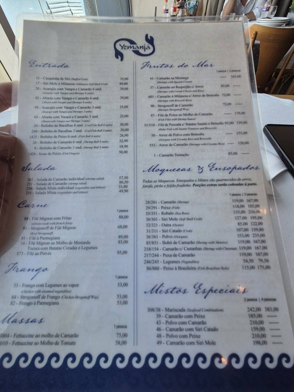 Yemanjá cardápio