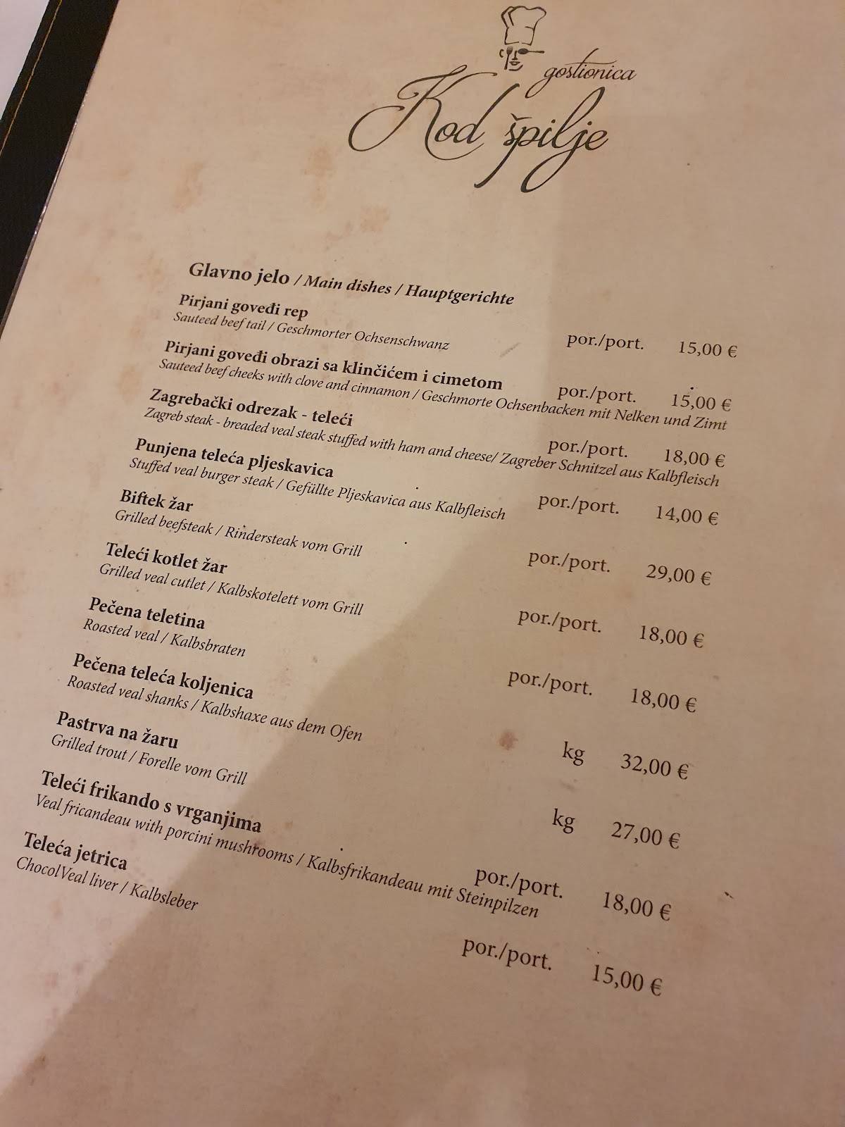 Menu di Restoran "Kod špilje" 