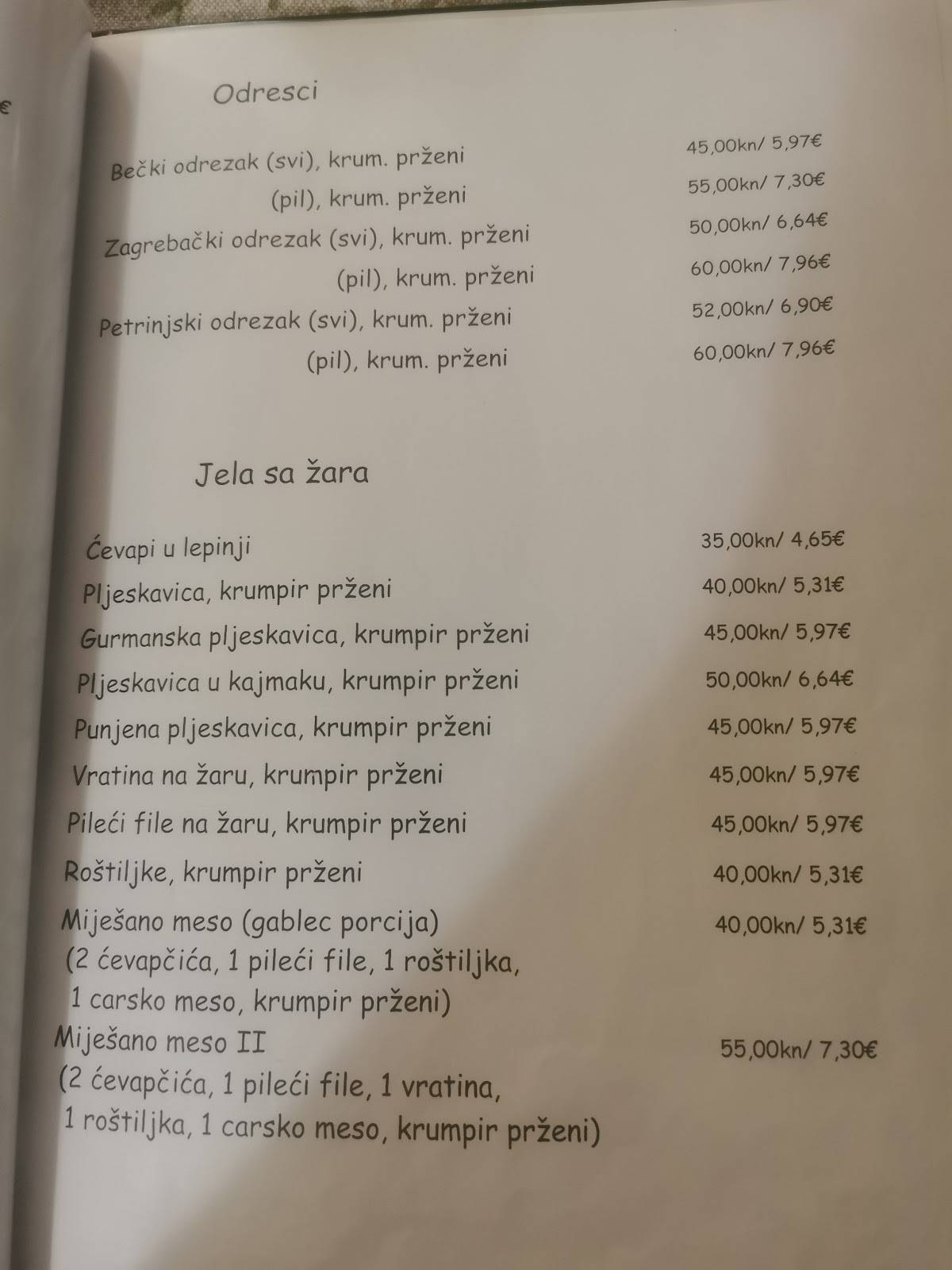 Menu di Restoran Štuka 