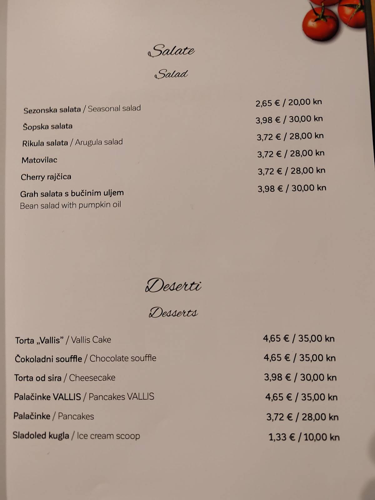 Menu di Restoran "Vallis" 
