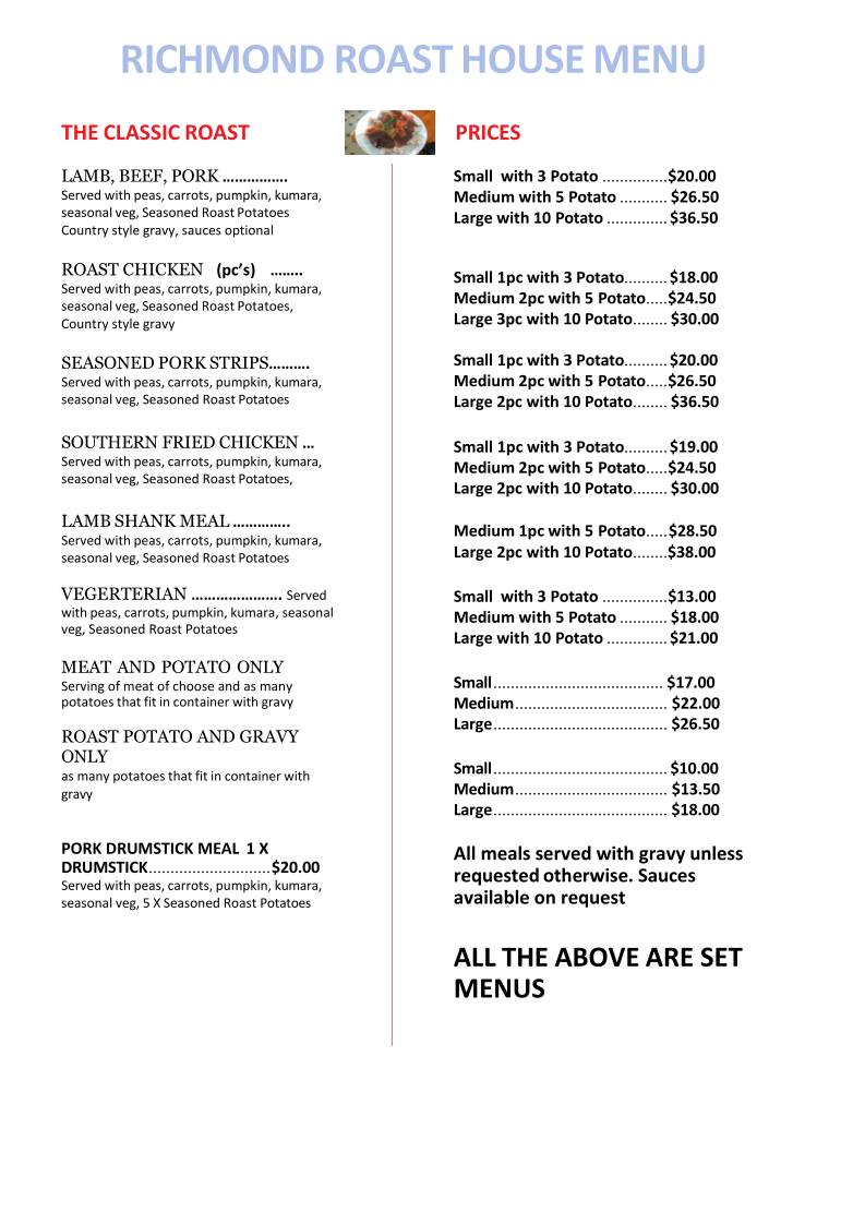 Menu at Richmond Roast House fast food, Richmond