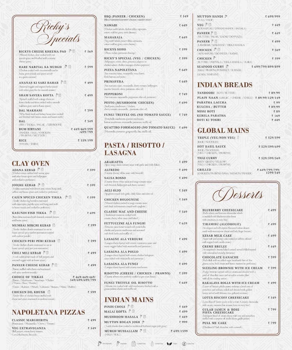 Rickys Bar & Kitchen menu