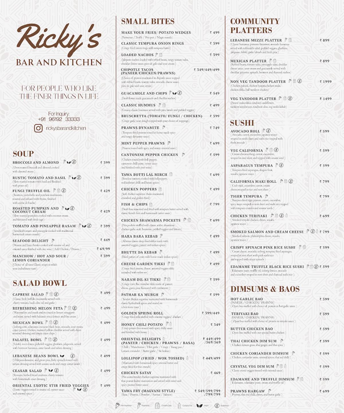 Rickys Bar & Kitchen menu