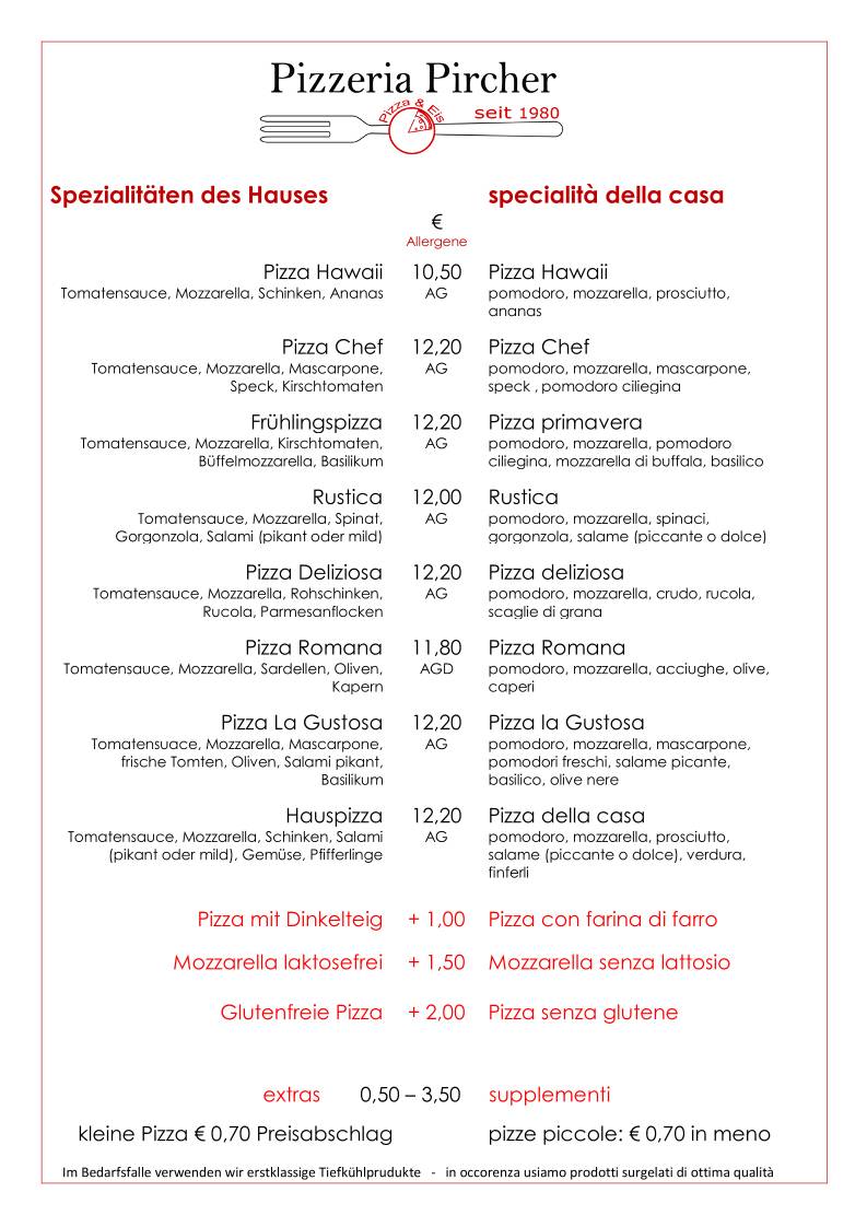 Menu di Pizzeria Eisdiele Pircher 
