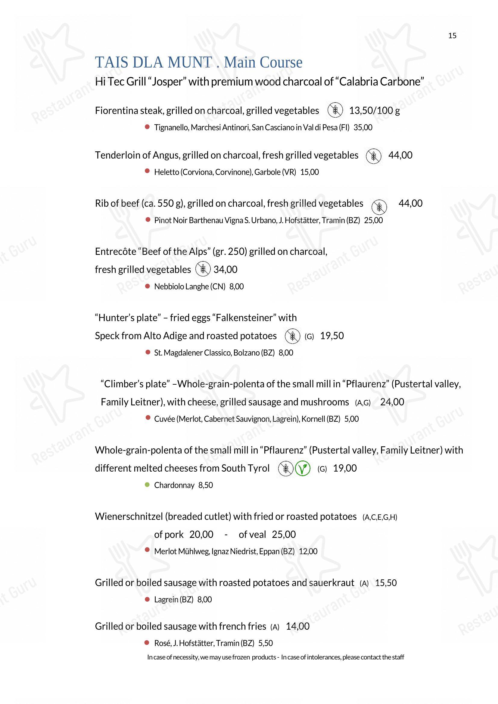 Menu per Rifugio Ütia Bioch ristorante