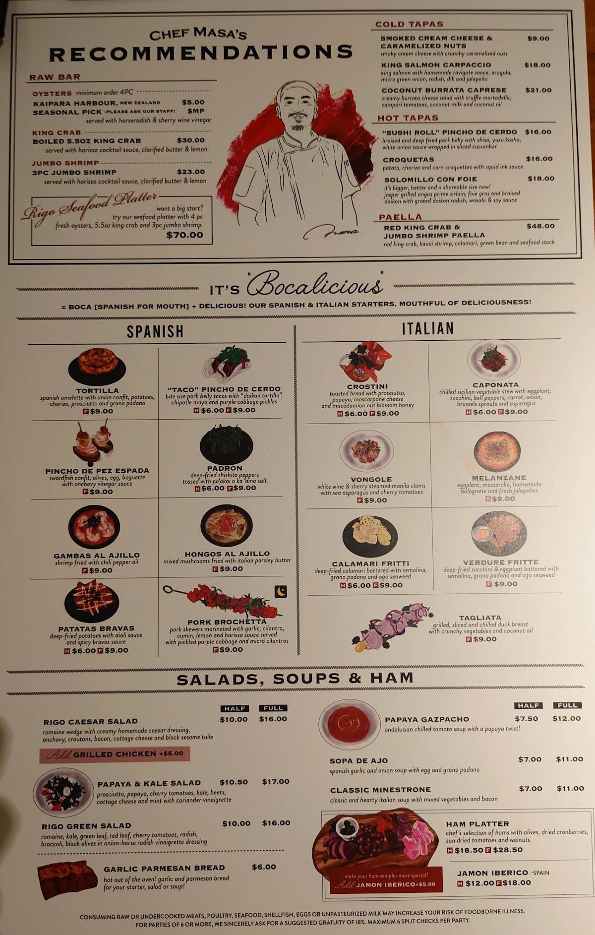 Menu at Rigo Spanish Italian restaurant, Honolulu