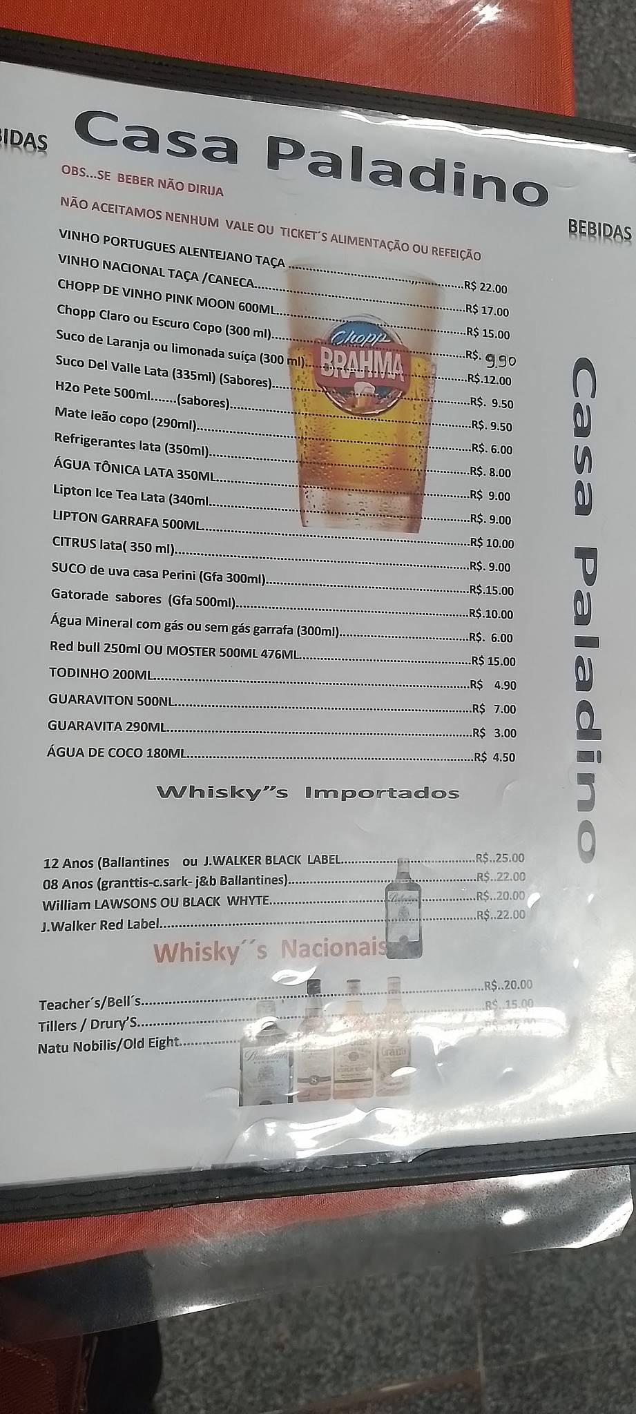 Paladino cardápio